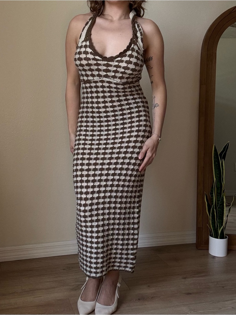 Brown & Cream Halter Knit Maxi Dress size small